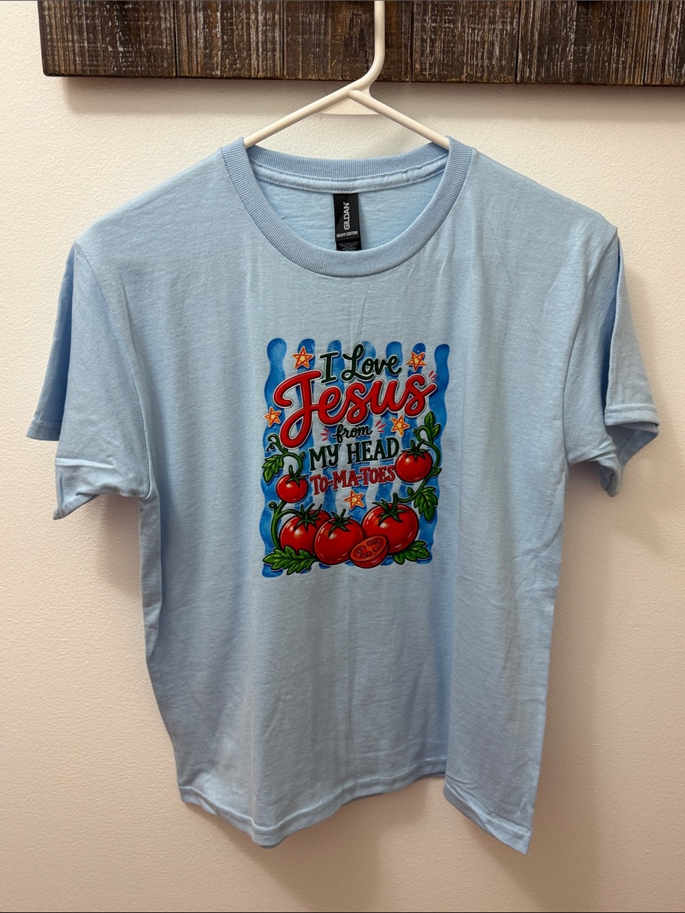 Gildan Light Blue Kids' Tee with Red Tomato 'I Love Jesus' Graphic
